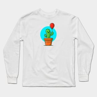 Happy Cactus Plant Holding Balloon Cartoon Long Sleeve T-Shirt